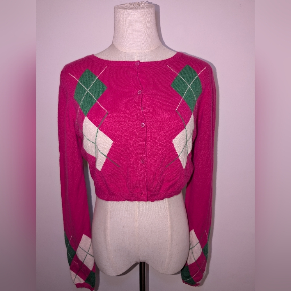 Pink Argyle Women's 100% Cashmere Cropped Cardigan